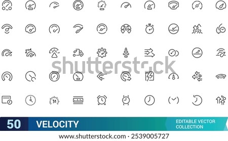 Velocity icon set. Containing speed, acceleration, momentum, rate, force, motion, velocity, physics, and more. Line vector icons collection. Vector illustration.