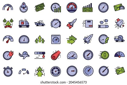 Velocity icons set. Outline set of velocity vector icons thin line color flat isolated on white