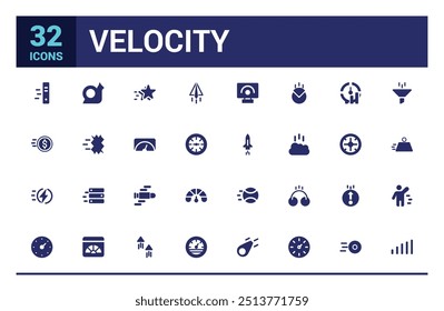 Velocity icons set. Solid set of velocity vector icons. Filled icon set, solid icon set. Glyph icon collection for web and ui. Editable stroke. Vector illustration.