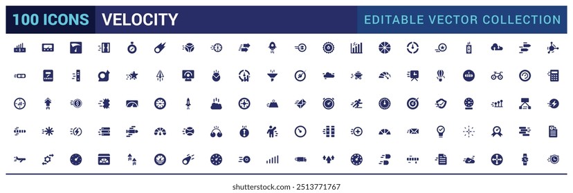 Velocity icons set. Solid set of velocity vector icons. Filled icon set, solid icon set. Glyph icon collection for web and ui. Editable stroke. Vector illustration.