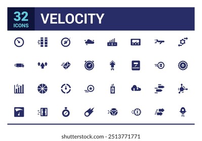 Velocity icons set. Solid set of velocity vector icons. Filled icon set, solid icon set. Glyph icon collection for web and ui. Editable stroke. Vector illustration.