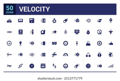 Velocity icons set. Solid set of velocity vector icons. Filled icon set, solid icon set. Glyph icon collection for web and ui. Editable stroke. Vector illustration.