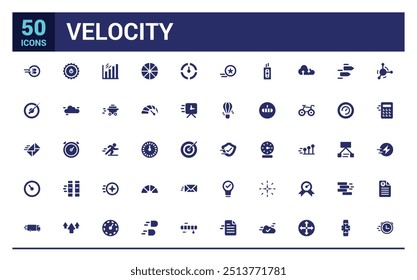 Velocity icons set. Solid set of velocity vector icons. Filled icon set, solid icon set. Glyph icon collection for web and ui. Editable stroke. Vector illustration.