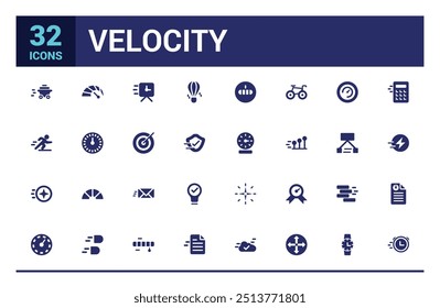 Velocity icons set. Solid set of velocity vector icons. Filled icon set, solid icon set. Glyph icon collection for web and ui. Editable stroke. Vector illustration.