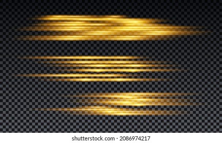 Velocity light effect. Horizontal lens flares and Laser beams, horizontal light rays Velocity motion. Vector gold glowing illustration