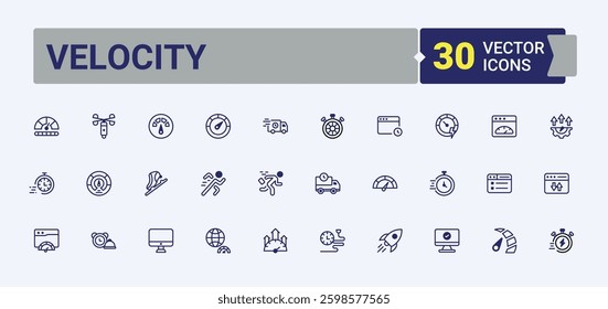 Velocity line icons. Includes thin line speedometer, express, meter, fast, speed, rapid and more. Speed linear icon. Icons for UI. Editable vector outline and solid icon.
