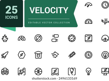 Die Velocity-Liniensymbole sind festgelegt. Umriss von Geschwindigkeitsvektorsymbolen für Web- und UI-Design. Bearbeitbarer Vektorlinien-Symbolsatz und Illustration für die Anwendung.