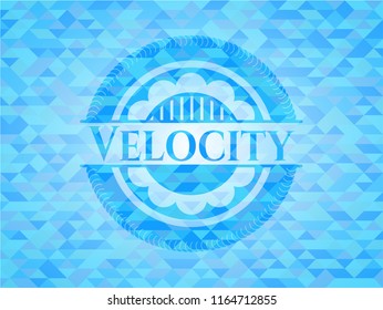 Velocity realistic light blue emblem. Mosaic background