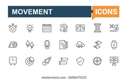 Velocity vector icon set. Contains related to speed, move, fast, performance, move, running, and more. Collection for mobile and web apps. Accelerate vector icon set. Editable vector art.