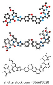 Velpatasvir hepatitis C virus (HCV) drug molecule. Stylized 2D renderings and conventional skeletal formula.