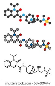 Velusetrag gastroparesis drug molecule. Conventional skeletal formula and stylized representations.