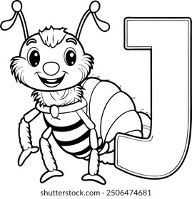 Una hormiga de terciopelo que sostiene la letra "J" en una fuente blanca audaz, página para colorear para niños, con un estilo de arte lineal simple y limpio sobre un fondo negro