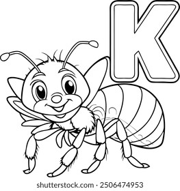 A velvet ant holding the letter "K" in a bold white font, coloring page for kids, with a simple and clean line art style on a black background