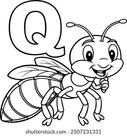 A velvet ant holding the letter "Q" in a bold white font, coloring page for kids, with a simple and clean line art style on a black background