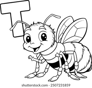 A velvet ant holding the letter "T" in a bold white font, coloring page for kids, with a simple and clean line art style on a black background
