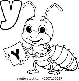 A velvet ant holding the letter "Y" in a bold white font, coloring page for kids, with a simple and clean line art style on a black background