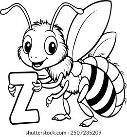 A velvet ant holding the letter "Z" in a bold white font, coloring page for kids, with a simple and clean line art style on a black background