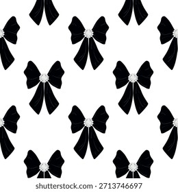 Velvet Bow Seamless Pattern. Elegant Dark Bow Background. Classic Ribbon Bow Repeat