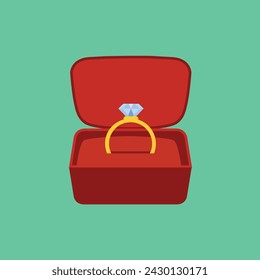 Velvet box with golden ring wedding symbol isolated cartoon icon. Vector pillow in red case of square shape with engagement ring with diamond germstone. Gold jewelry decorated by brilliant or adamant