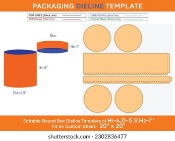Velvet box, round lid gift box dieline template with the dimension H1 4, D 5.9, H2 1 Inch