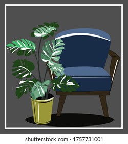 A velvet bright classic armchair and a large monstera flower nearby in a vase. Beautiful isolated armchair. Tropical flower isolated. Can be split and scaled.