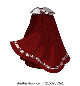 velvet burgundy Cloak of magic character. Vector illustration of clothes flying on wind. Cartoon Dracula cloak, superhero cape with hood isolated on white