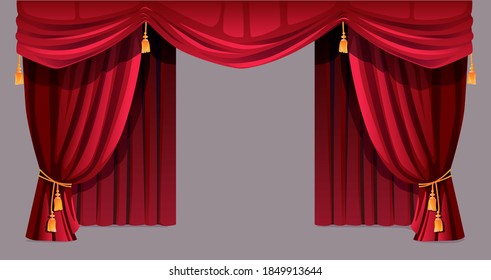 Velvet curtain isolated decorative stage drapery cloth of silk with golden tassels ropes. Vector luxury cornice decor, domestic fabric interior textile labrecque. Theatre, cinema scenes decorations