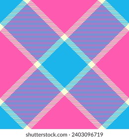 Velvet fabric pattern check, close up texture seamless vector. Multi textile tartan plaid background in pink and cyan colors.