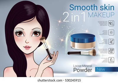 Velvet Loose Powder ads. Vector Illustration with Manga style girl and makeup loose mineral powder product.