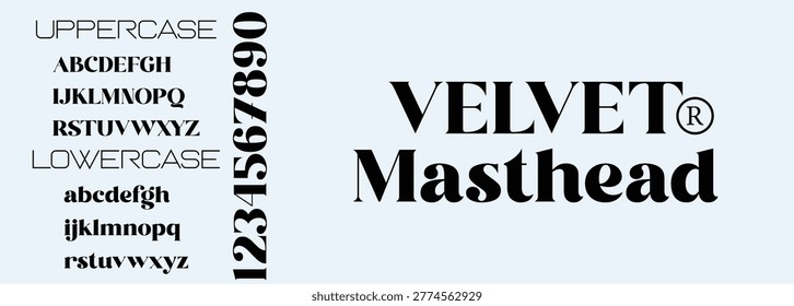 Velvet masthead typography with uppercase and lowercase letters on light blue background