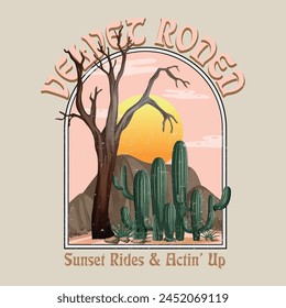 Velvet Rodeo. Desert vibes vector t-shirt design. Desert mountain graphics print artwork. Feel the sunset design. Desert vibes vintage artwork for poster, sticker, apparel and others.