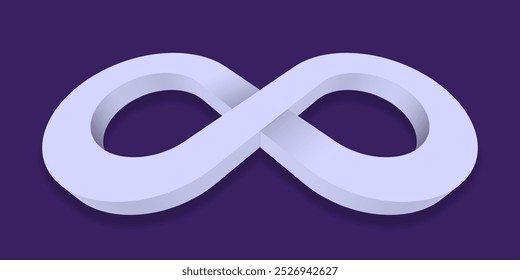 Símbolo 3D de veludo violeta Infinito no Fundo violeta escuro. Design interminável de logotipo vetorial. Conceito de infinito com sombra para o design do seu site, logotipo, aplicativo, UI. EPS10