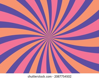 Velvet violet, coral and pink rays. Retro starburst effect, curvy stripes. Vibrant colorful background. Trending colors 2022. Vector illustration, eps 10.