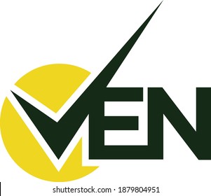 VEN logo. It has a green checkmark on a sun in the background.Can be read as VEN or as EN with a checkmark ahead of it. 