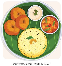 Ven Pongal con Vada, Sambar y Chutney de coco sobre hoja de plátano en tailandés. Vista superior Ilustración detallada del desayuno indio del sur