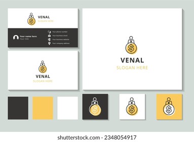 Venal logo design with editable slogan. Branding book and business card template.