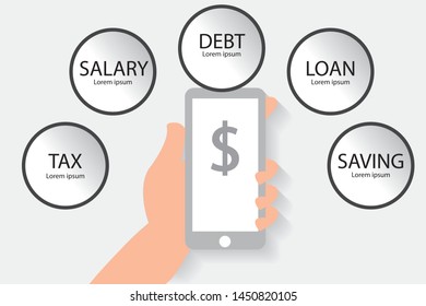 Venctor illustration, infographics flat style of hand holding smartphone, mobile phone, business, financial information, tax, salary, debt, loan, and saving concept, for banner or poster.
