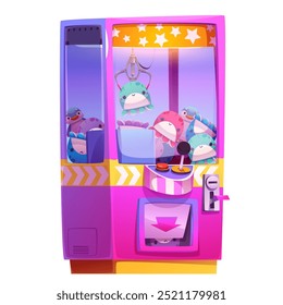 Vending claw machine with toys isolated on white background. Vector cartoon illustration of bright illuminated pink box with robotic grabber catching cute kawaii penguins and octopus, amusement park