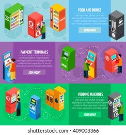 Vending food and drinks dispensers isometric banners set with payment and tickets selling machines isolated vector illustration