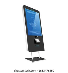 Vending kiosk with sensor panel realistic vector illustration. Innovative self service counter flat color object. Restaurant interactive stand with display isolated on white background