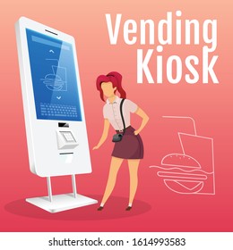 Vending Kiosk Social Media Post Mockup. Woman Ordering Food. Self Order Service Web Banner Design Template. Fastfood Selling Machine Content Layout With Inscription. Print Ads And Flat Illustration