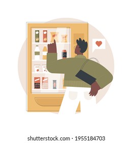 Ilustración vectorial de concepto abstracto de máquina expendedora. Vending business, máquina de autoservicio, snacks y bebidas, pequeñas empresas, café para llevar, espacio público, metáfora abstracta del comercio.