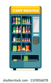 vending machine. automat for sale unhealthy food snack crisp crackers chocolate candy bars and cold drinks in plastic bottles vector flat illustration isolated