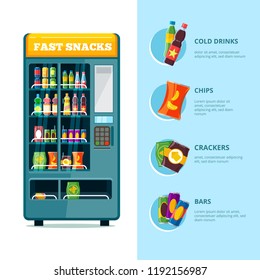 vending machine. automatic sale of snack unhealthy food chips crackers chocolate candy bars and cold drinks in plastic bottles vector flat illustration