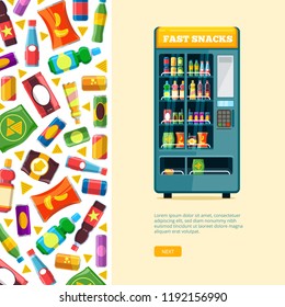 vending machine background. automatic sale of snack unhealthy food chips, crackers, chocolate candy bars, and cold drinks in plastic bottles. vector flat illustration for personal design project.