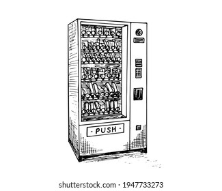 Vending machine with beverage bottles and cans hand drawn sketch. Automatic snack and drink sale machinery isometric view. Black and white vector isolated illustration