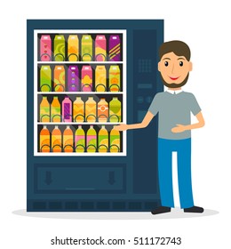 Vending machine with beverages, drinks and a man. EPS10 vector illustration in flat style.