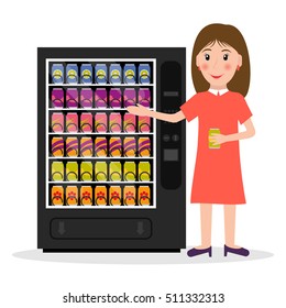 Vending machine with beverages, drinks and a woman. EPS10 vector illustration in flat style.