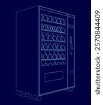 Vending machine with a blue background. The vending machine is full of cups