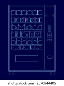 Vending machine with a blue background. The vending machine is full of cups and bottles